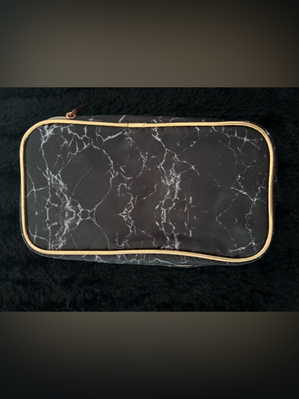 Black Marble Print Cosmetic Pouch with Gold Trim